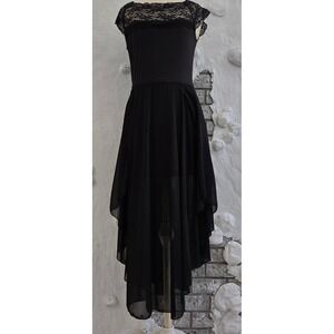 NWT Dower Me Women's Black Lace Cap Sleeve High-Low Maxi Dress Evening Gown